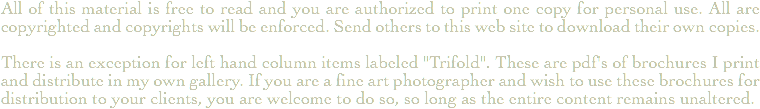 All of this material is free to read and you are authorized to print one copy for personal use. All are copyrighted and copyrights will be enforced. Send others to this web site to download their own copies. There is an exception for left hand column items labeled "Trifold". These are pdf's of brochures I print and distribute in my own gallery. If you are a fine art photographer and wish to use these brochures for distribution to your clients, you are welcome to do so, so long as the entire content remains unaltered.
